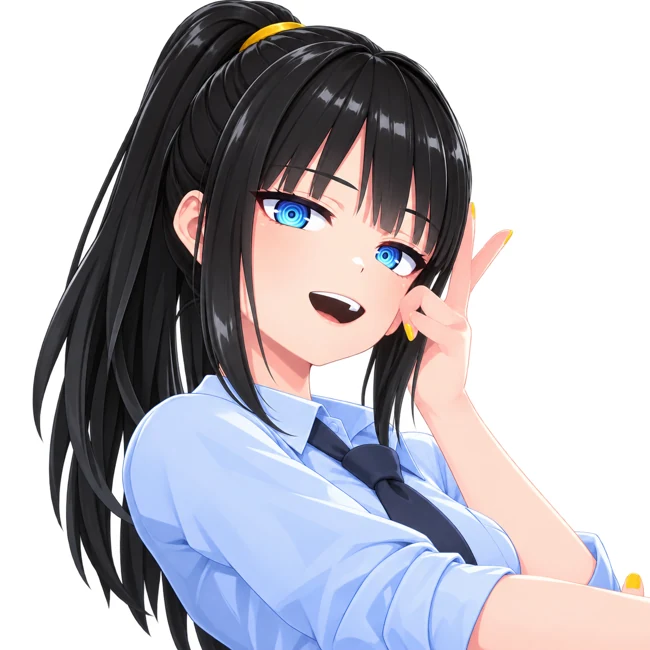 Ellie smiling and making a playful hand gesture