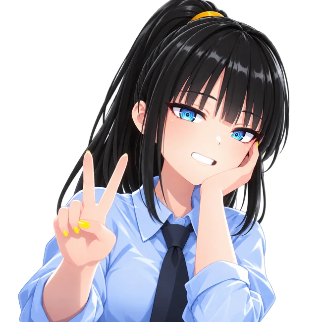 Ellie greeting you with a smile and a peace sign